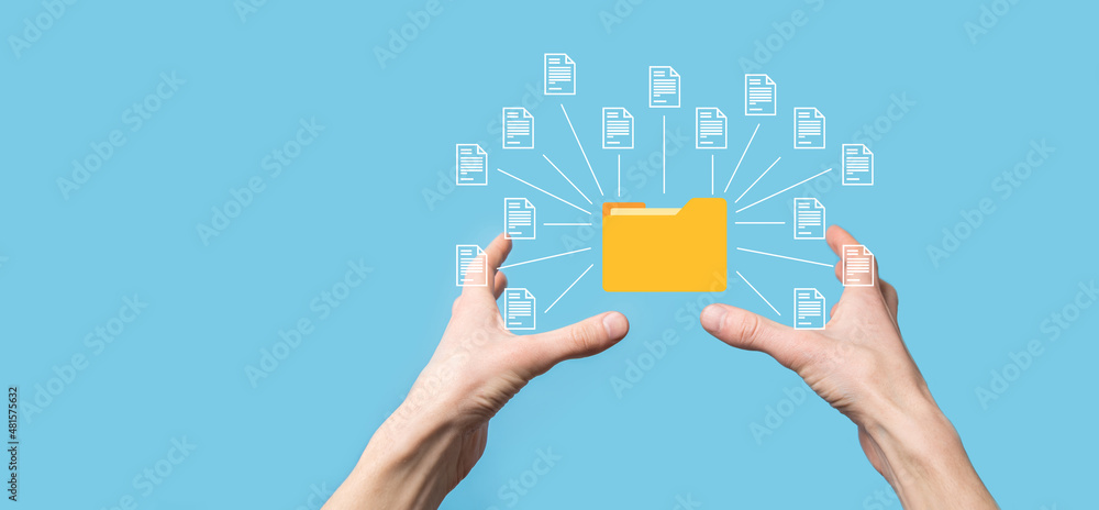 Document Management System DMS .Businessman hold folder and document icon.Software for archiving, searching and managing corporate files and information.Internet Technology Concept.Digital security. Document Management System DMS .Businessman hold folder and document icon.Software for archiving, searching and managing corporate files and information.Internet Technology Concept.Digital security.