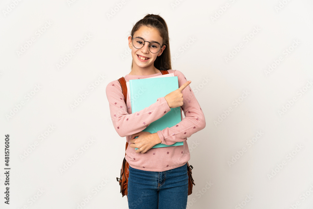 Little student girl over isolated background pointing to the side to present a product Little student girl over isolated background pointing to the side to present a product