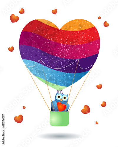 Valentine card with balloon, owl and hearts. Vector illustration eps10