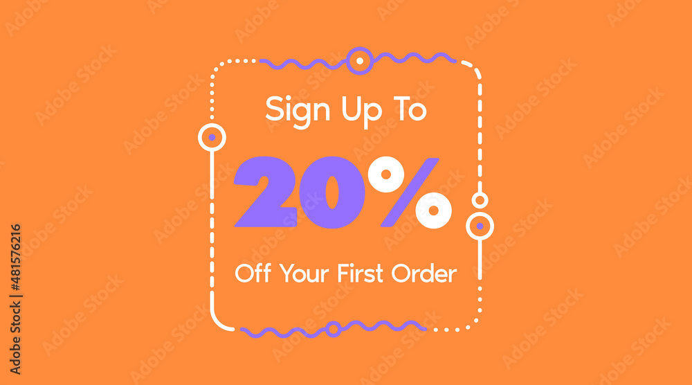 Sign up to 20% off your first order. Sale promotion poster vector illustration. Big sale and super sale coupon code percent discount gift voucher in orange and purple colors