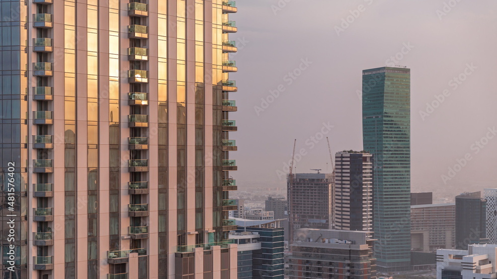 Obraz premium Aerial panoramic skyline of a big futuristic city timelapse. Business bay and Downtown