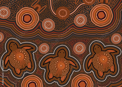 Aboriginal dot brown painting with turtle