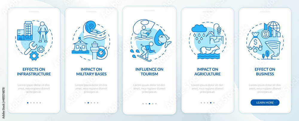 Climate change and economy blue onboarding mobile app screen. Walkthrough 5 steps graphic instructions pages with linear concepts. UI, UX, GUI template. Myriad Pro-Bold, Regular fonts used Climate change and economy blue onboarding mobile app screen. Walkthrough 5 steps graphic instructions pages with linear concepts. UI, UX, GUI template. Myriad Pro-Bold, Regular fonts used