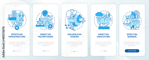 Climate change and economy blue onboarding mobile app screen. Walkthrough 5 steps graphic instructions pages with linear concepts. UI, UX, GUI template. Myriad Pro-Bold, Regular fonts used