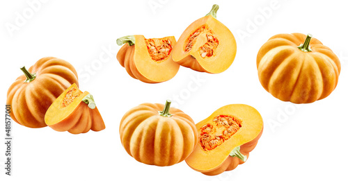 Flying pumpkin vegetable isolated on white background. Clipping path pumpkin