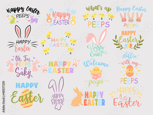 Set of Happy Easter lettering. Collection of lettering with Easter bunny ears and egg. Festive easter logo. Colorful illustration isolated on white background. © panaceaart