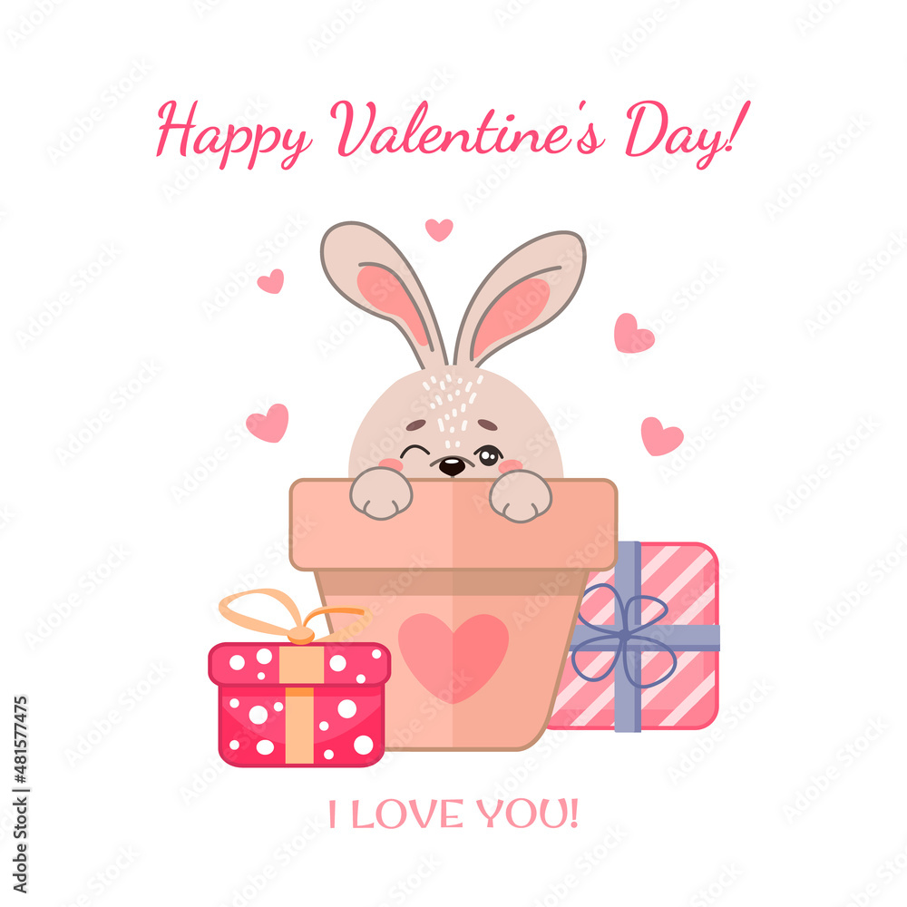 Cute vector illustration with a rabbit in a flower pot and hearts Cute vector illustration with a rabbit in a flower pot and hearts