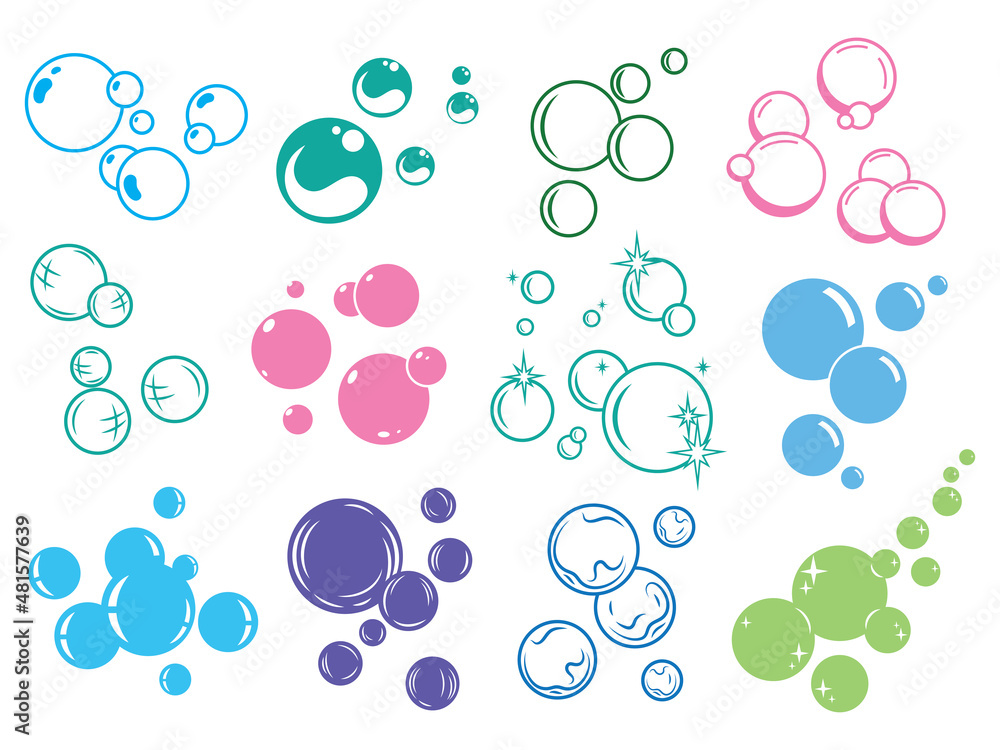 Set of flying soap bubble. Collection of various bubbles fizzy drink, oxygen, water or blowing bubble. Laundry. Vector illustration of on white background. 