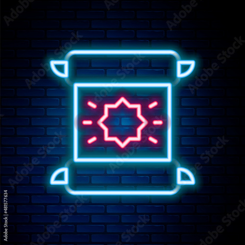 Glowing neon line Decree, paper, parchment, scroll icon icon isolated on brick wall background. Colorful outline concept. Vector