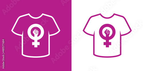 Día de la mujer. Logotipo símbolo feminista con puño estampado en camiseta con líneas en fondo morado y fondo blanco