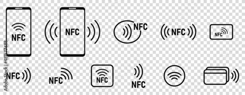 Set of NFC icons. Wireless payment technology symbols. Line art style. Vector illustration isolated on transparent background photo