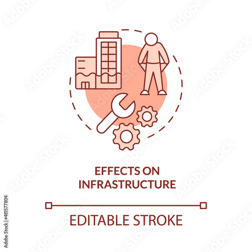 Effects on infrastructure red concept icon. Climate change negative effect abstract idea thin line illustration. Isolated outline drawing. Editable stroke. Roboto-Medium, Myriad Pro-Bold fonts used