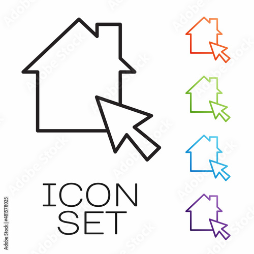 Black line Online working icon isolated on white background. Freelancer man working on laptop at his house. Remote work. Distant job concept. Set icons colorful. Vector