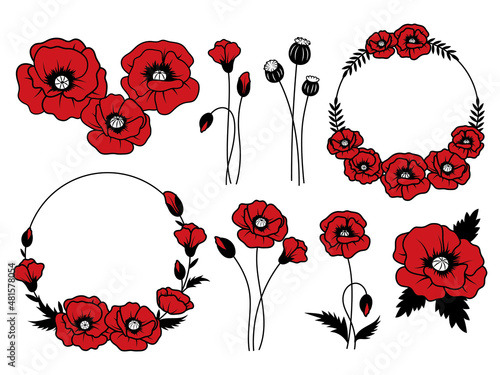 Set of poppy flower. Collection wild flower bouqets, wreath, etc. Botanical. Field plants. Vector illustration for print.