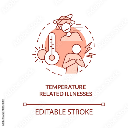 Temperature related illnesses red concept icon. Climate change and health abstract idea thin line illustration. Isolated outline drawing. Editable stroke. Roboto-Medium, Myriad Pro-Bold fonts used