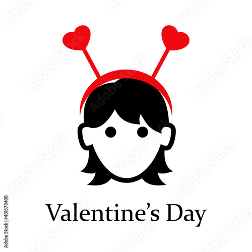 Despedida de soltero. Banner con texto Valentine's Day con corazones en diadema en cabeza de chica para su uso en invitaciones y tarjetas de felicitación