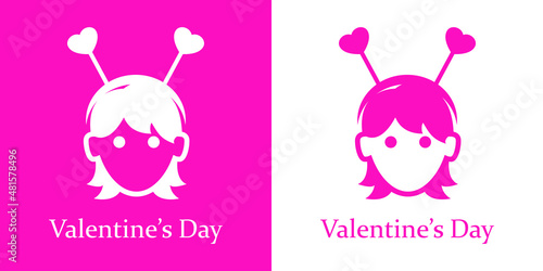 Despedida de soltero. Banner con texto Valentine's Day con corazones en diadema en cabeza de chica para su uso en invitaciones y tarjetas de felicitación