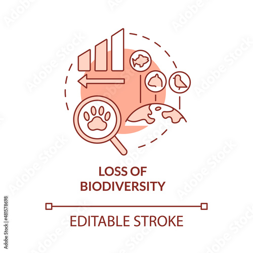Loss of biodiversity red concept icon. Climate change impact on environment abstract idea thin line illustration. Isolated outline drawing. Editable stroke. Roboto-Medium, Myriad Pro-Bold fonts used