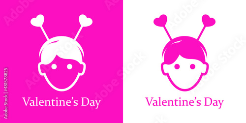 Despedida de soltero. Banner con texto Valentine's Day con corazones en diadema en cabeza de chico para su uso en invitaciones y tarjetas de felicitación