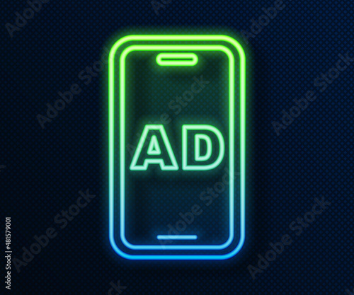 Glowing neon line Advertising icon isolated on blue background. Concept of marketing and promotion process. Responsive ads. Social media advertising. Vector