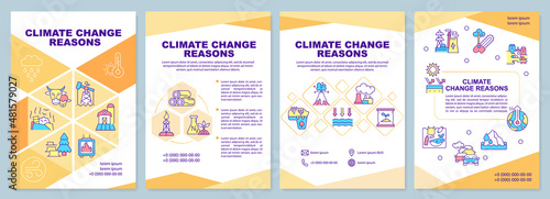 Climate change reasons brochure template. Human impact. Booklet print design with linear icons. Vector layouts for presentation, annual reports, ads. Arial-Black, Myriad Pro-Regular fonts used