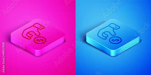 Isometric line Donate or pay your zakat as muslim obligatory icon isolated on pink and blue background. Muslim charity or alms in ramadan kareem before eid al-fir. Square button. Vector