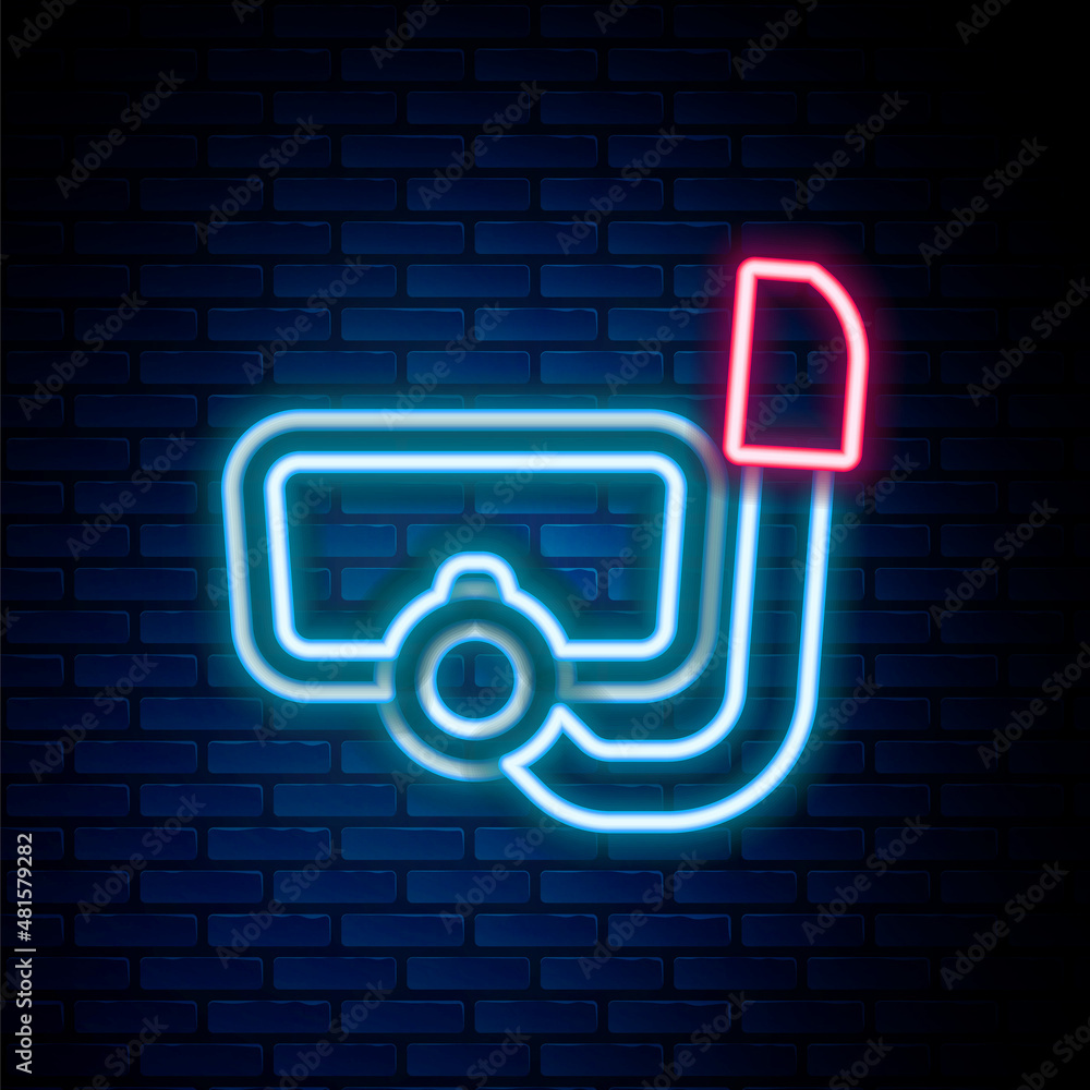 Glowing neon line Diving mask with snorkel icon isolated on brick wall background. Extreme sport. Diving underwater equipment. Colorful outline concept. Vector Glowing neon line Diving mask with snorkel icon isolated on brick wall background. Extreme sport. Diving underwater equipment. Colorful outline concept. Vector