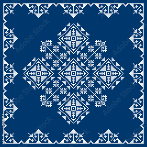 Bosnia and Herzegovina traditional Zmijanje embroidery folk art vector pattern, geometric design with frame in white on navy blue
