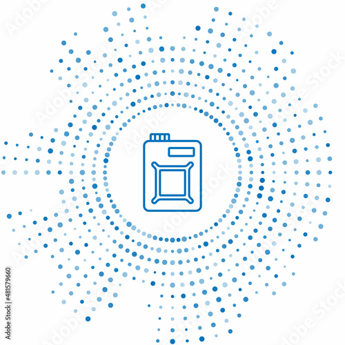 Blue line Canister for motor machine oil icon isolated on white background. Oil gallon. Oil change service and repair. Engine oil sign. Abstract circle random dots. Vector