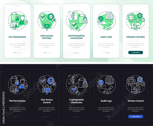 Integrity night and day mode onboarding mobile app screen. Sensitive data walkthrough 5 steps graphic instructions pages with linear concepts. UI, UX, GUI template. Myriad Pro-Bold, Regular fonts used