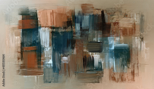 Fototapeta Naklejka Na Ścianę i Meble -  Abstract paint strokes, beige oil painting on canvas, artistic texture. Brush daubs brown and dark turquoise colored pattern
