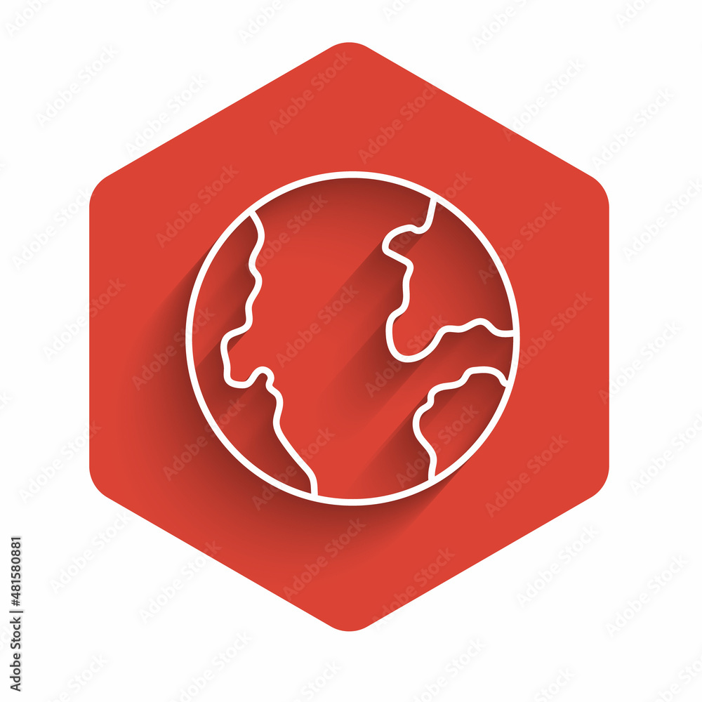 White line Earth globe icon isolated with long shadow background. World or Earth sign. Global internet symbol. Geometric shapes. Red hexagon button. Vector White line Earth globe icon isolated with long shadow background. World or Earth sign. Global internet symbol. Geometric shapes. Red hexagon button. Vector