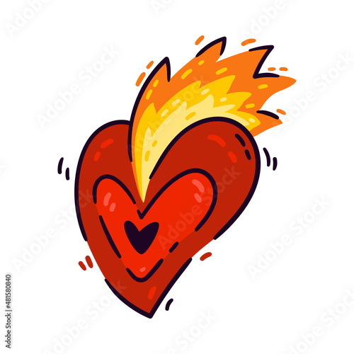 Burning heart with flame. Element for design saint valentine day, 14 February. Vector illustration doodle style isolated on white background. Hand drawn colored trendy clip art. Symbol of passion love (ID: 481580840)