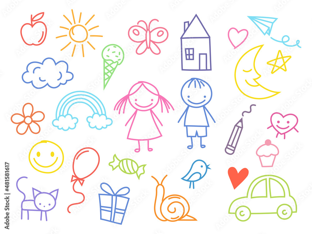 Set of happy drawing kids. Collection of funny small kids play, cat and heart, pencil, signs. Vector illustration on white background. Set of happy drawing kids. Collection of funny small kids play, cat and heart, pencil, signs. Vector illustration on white background.