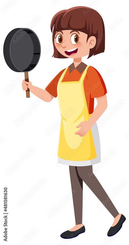 A woman holding a pan wearing apron cartoon character on white background A woman holding a pan wearing apron cartoon character on white background