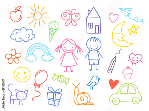 Set of happy drawing kids. Collection of funny small kids play, cat and heart, pencil, signs. Vector illustration on white background.