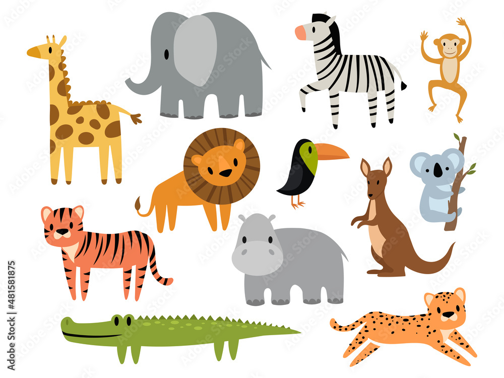 Obraz premium Set of cartoon safari animal. Collection of cute wild animals. Decorative exotic animals. Zoo pets. Colorful illustration for children.