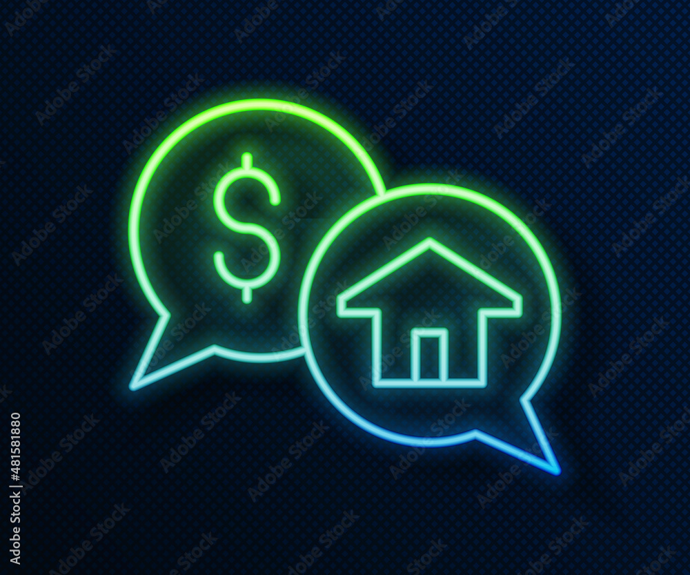 Glowing neon line Real estate business concept with speech bubbles icon isolated on blue background. Vector Glowing neon line Real estate business concept with speech bubbles icon isolated on blue background. Vector