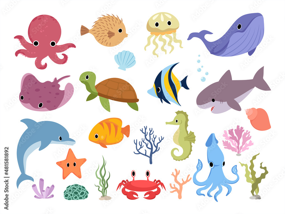 Set of cartoon sea animals. Collection of colorful ocean creature jellyfish, small horse, octopus and fish. Vector illustration isolated on white background. Design for printing. Set of cartoon sea animals. Collection of colorful ocean creature jellyfish, small horse, octopus and fish. Vector illustration isolated on white background. Design for printing.