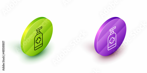 Isometric line Bottle of liquid antibacterial soap with dispenser icon isolated on white background. Antiseptic. Disinfection, hygiene, skin care. Green and purple circle buttons. Vector