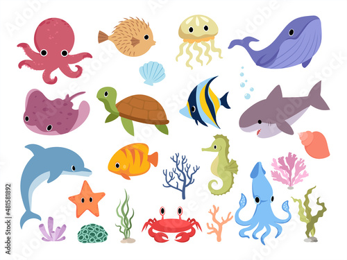 Set of cartoon sea animals. Collection of colorful ocean creature jellyfish, small horse, octopus and fish. Vector illustration isolated on white background. Design for printing.