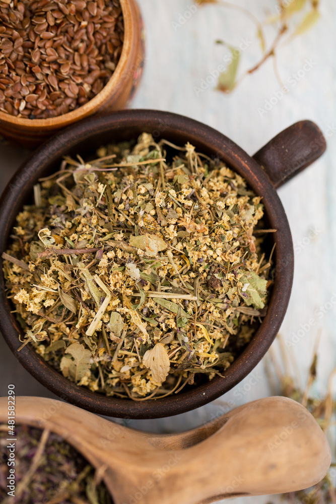 Elderberry, oregano and flax. close-up