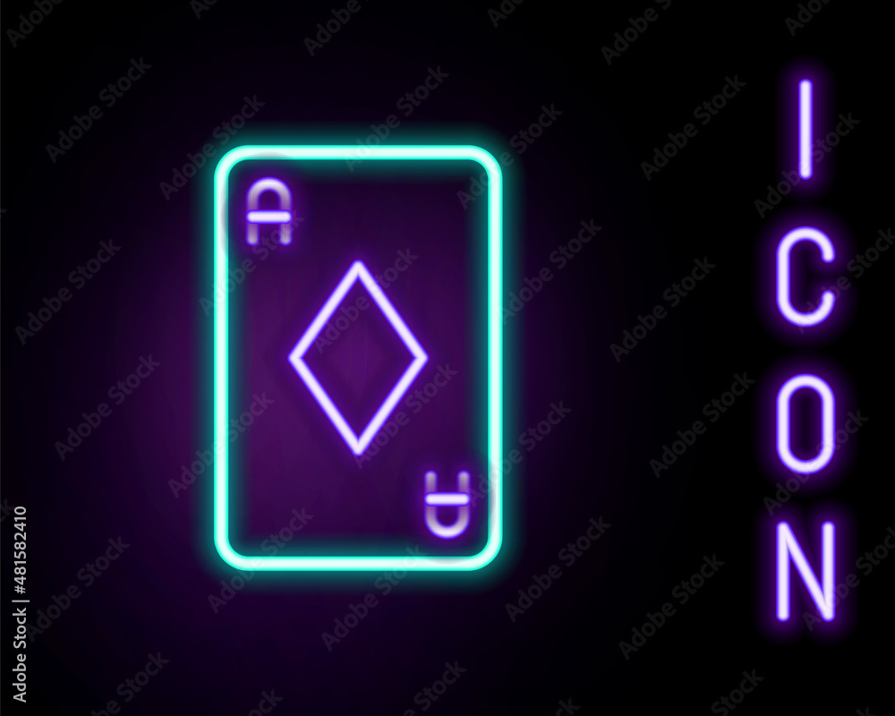 Glowing neon line Playing card with diamonds symbol icon isolated on black background. Casino gambling. Colorful outline concept. Vector Glowing neon line Playing card with diamonds symbol icon isolated on black background. Casino gambling. Colorful outline concept. Vector