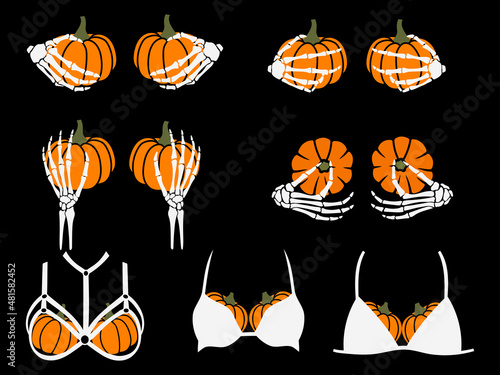Set of hands skeletons with pumpkins. Collection of skeleton hands with pumpkin boobs. Funny haluin. Veсktor illustration for a print on clothes.