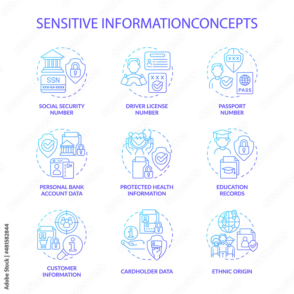 Sensitive information blue gradient concept icons set. Protect important data. Safety idea thin line color illustrations. Isolated outline drawings. Roboto-Medium, Myriad Pro-Bold fonts used