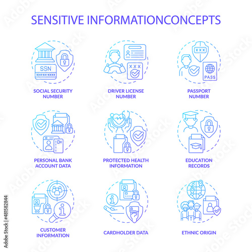Sensitive information blue gradient concept icons set. Protect important data. Safety idea thin line color illustrations. Isolated outline drawings. Roboto-Medium, Myriad Pro-Bold fonts used