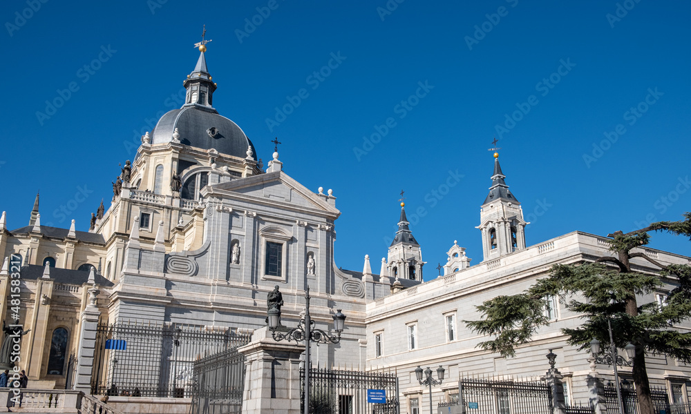 Side entrance of the Almudena cathedral, cathedral next to the royal palace in Madrid. Spain