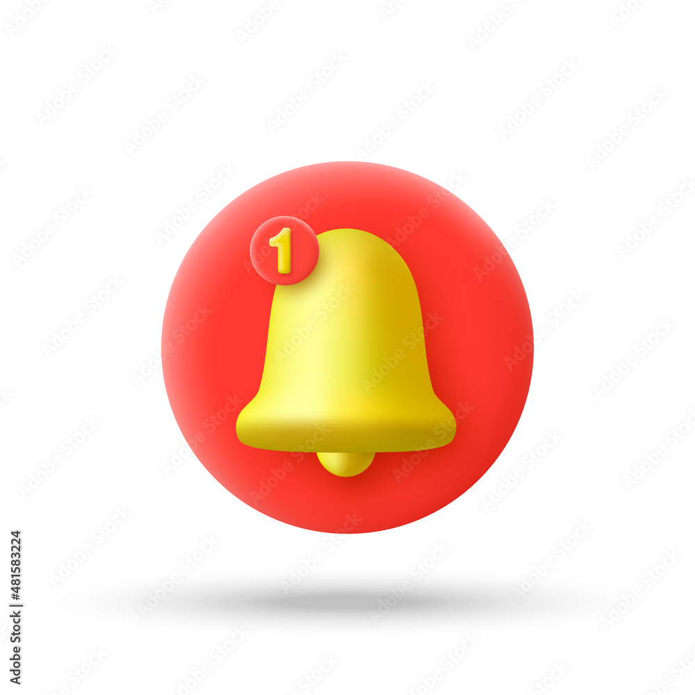 Fototapeta premium Notification bell in 3d cartoon minimal style. Vector illustration.