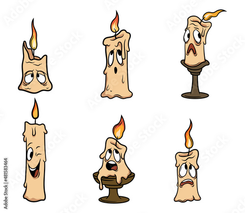 Set of cute candle light with emotions. Collection of cartoon funny wax candle with a burning wick. Fantasy characters. Vector illustration paraffin of candle on white background.