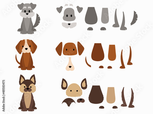 Set of dog constructor kit. Collection of beautiful colorful puppies. Pet lover. Vector illustration on white background.